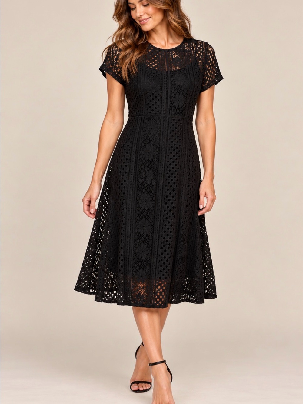 Black Eyelet Sheer Dress XS Midi A-Line Swim Cover Up No Slip